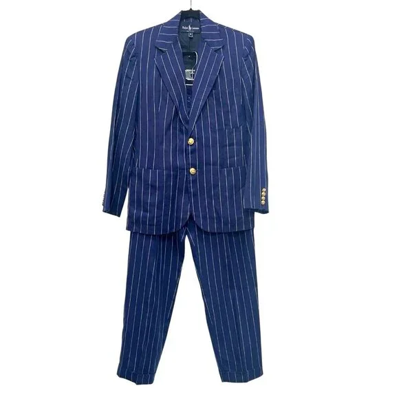 *SOLD*Ralph Lauren Blue Pinstriped Linen Women 2 Piece Suit USA Blue Label VTG - Picture 1 of 16